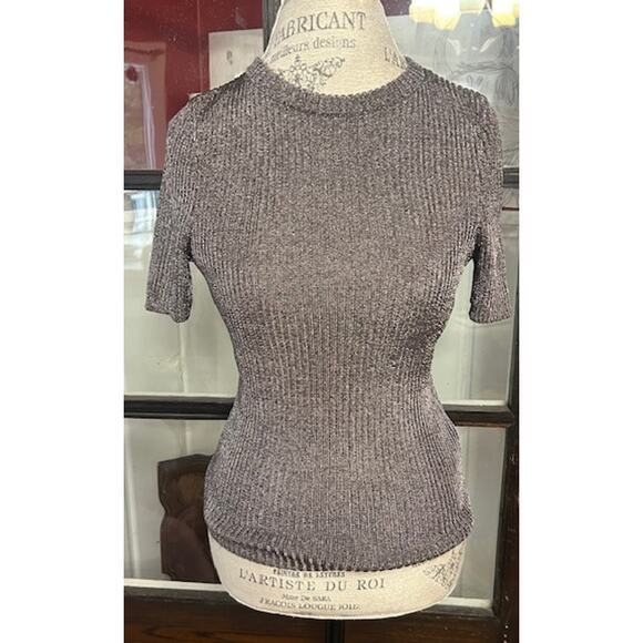 H & M Metallic Fiber Blend Shimmery Ribbed Short Sleeved Women Top Size M - Picture 7 of 9